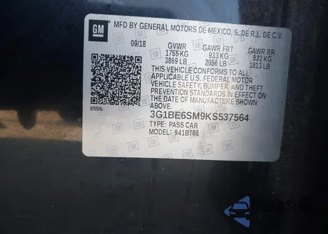 2019 Chevrolet Cruze Lt z USA, uszkodzony, nr VIN 3G1BE6SM9KS537564